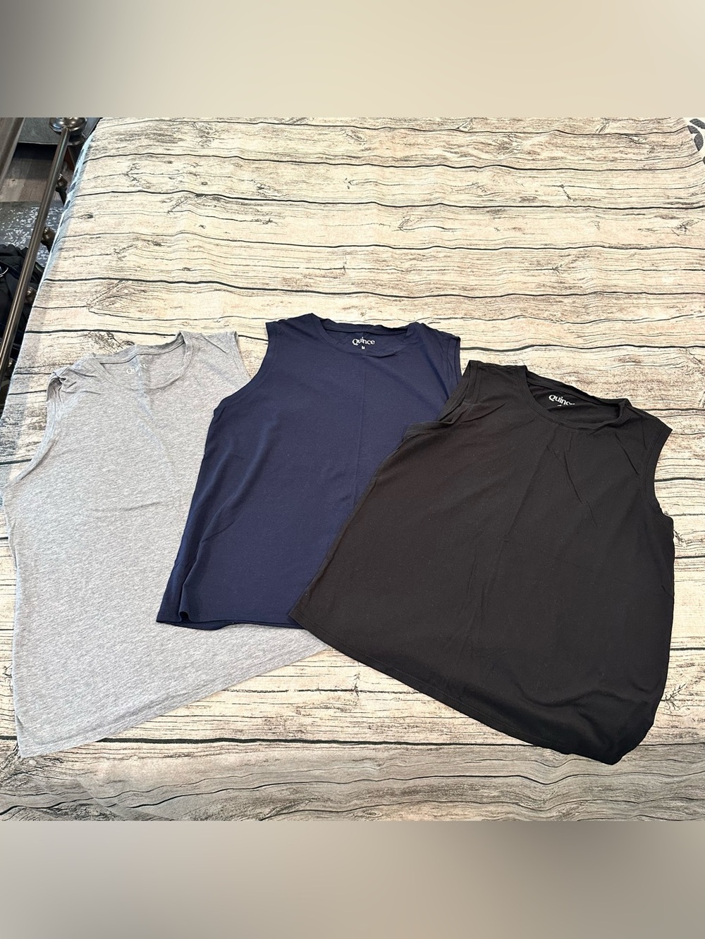 Lot of 3 Modal Blend Quince Crewneck Tank Tops: Black, Grey, Navy Size Medium